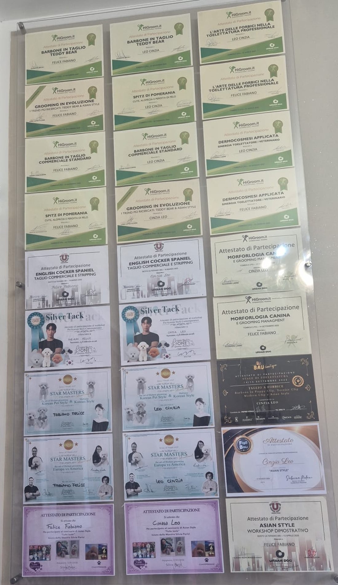 La parete degli attestati nel salone: una ventina di certificati di corsi di toelettatura e dermocosmesi